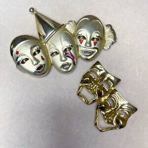 Vintage Theater Mask Brooch Set – Comedy Tragedy & 3 Face Harlequin Pins Gold